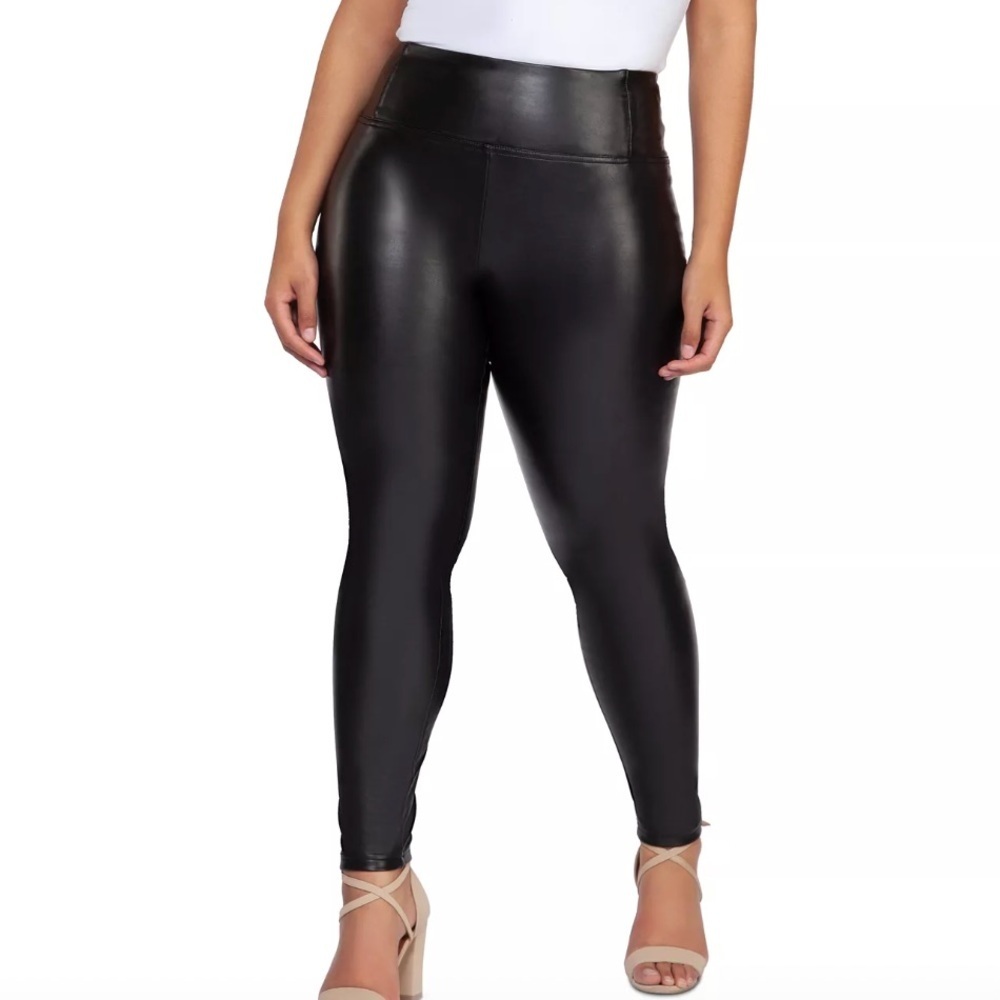 Black High-Waisted Faux Leather Leggings, Pull-On Pants, Soft Fleece Lining